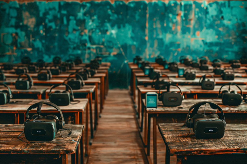 Finnish students using virtual reality headsets in a modern classroom as part of the national XR education curriculum rollou