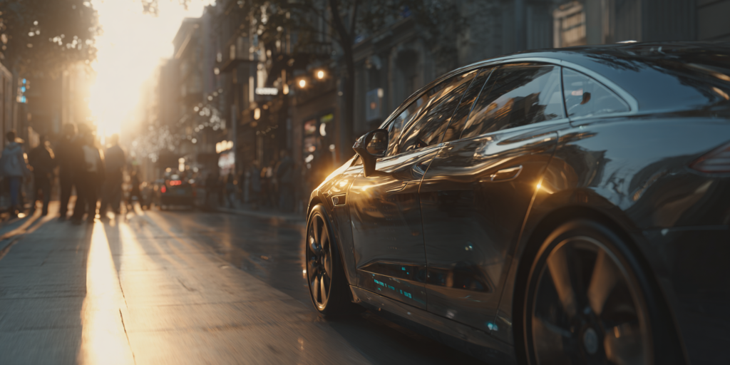 A futuristic car. The AR system displays navigation routes, vehicle diagnostics, and real-time notifications.